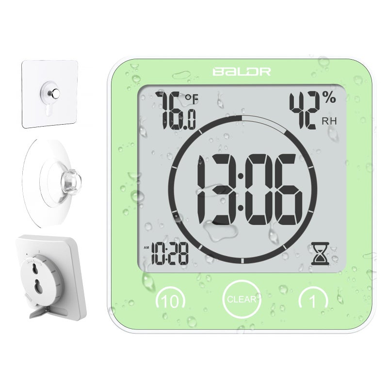 Baldr Shower Clock Waterproof Bathroom Clock with Timer/Temperature/Humidity, Digital Timers for Kids and Adults, Bath Kitchen Study, Green - Image 1